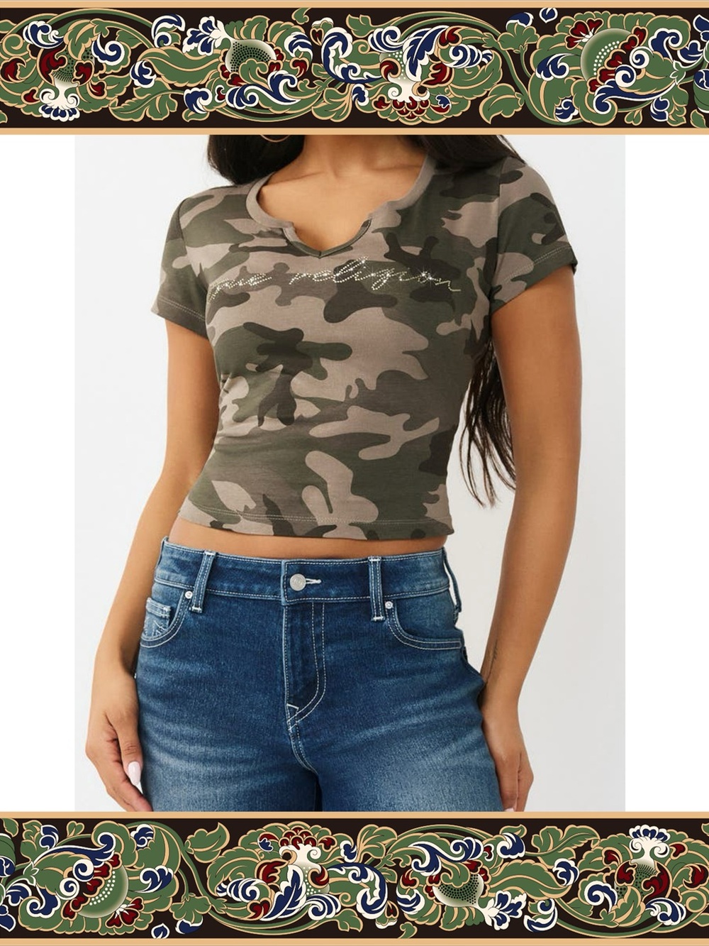 NWD True Religion Rhinestone Logo Camo Notch Cotton Baby Tee Sz XL Y2K Grunge